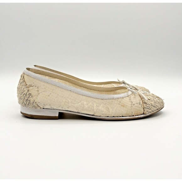 Chanel Ballet Flats White & Cream Tweed & Lace CC Logo Sz EU 35.5 5.5 - Picture 2 of 13